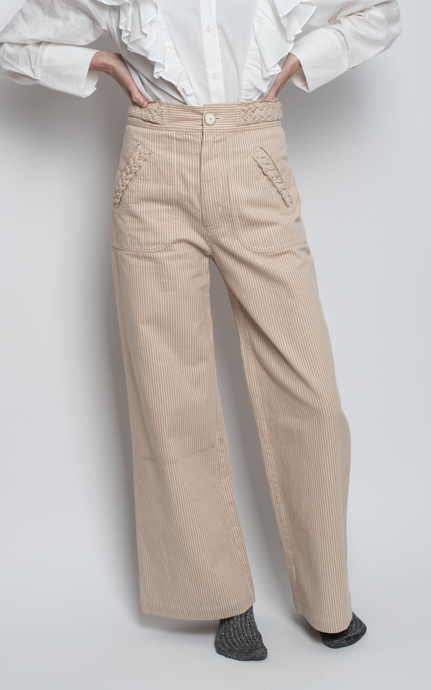 Pantalones cintura trenzada rayas beige