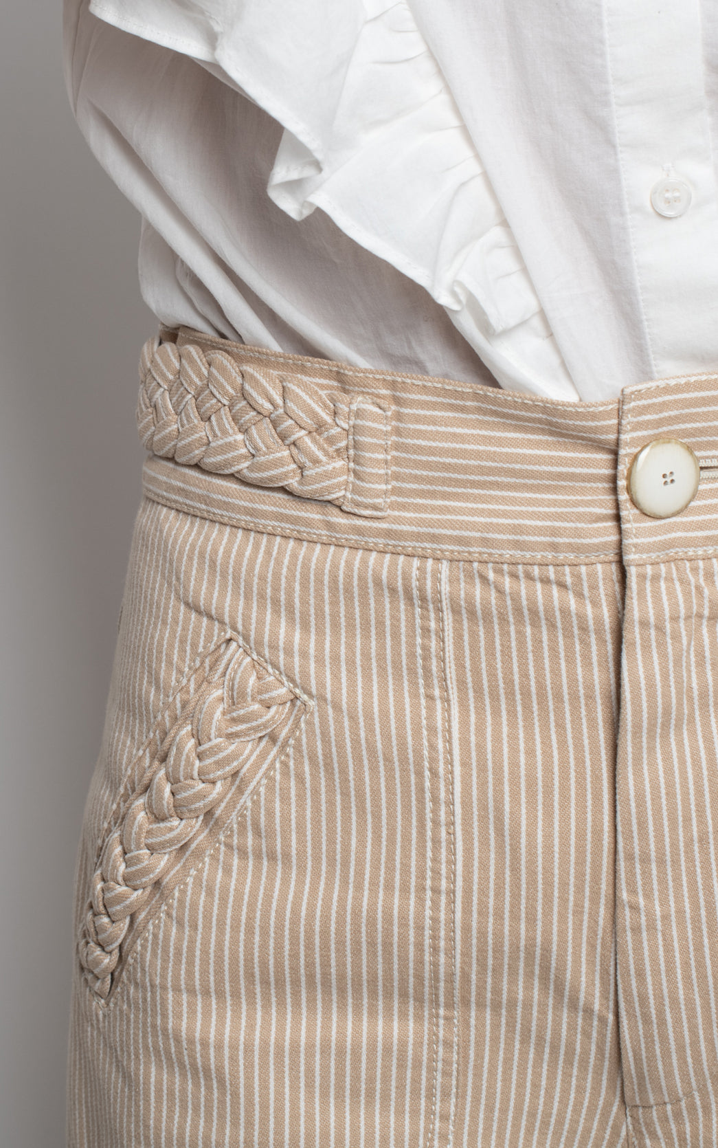 Pantalones cintura trenzada rayas beige