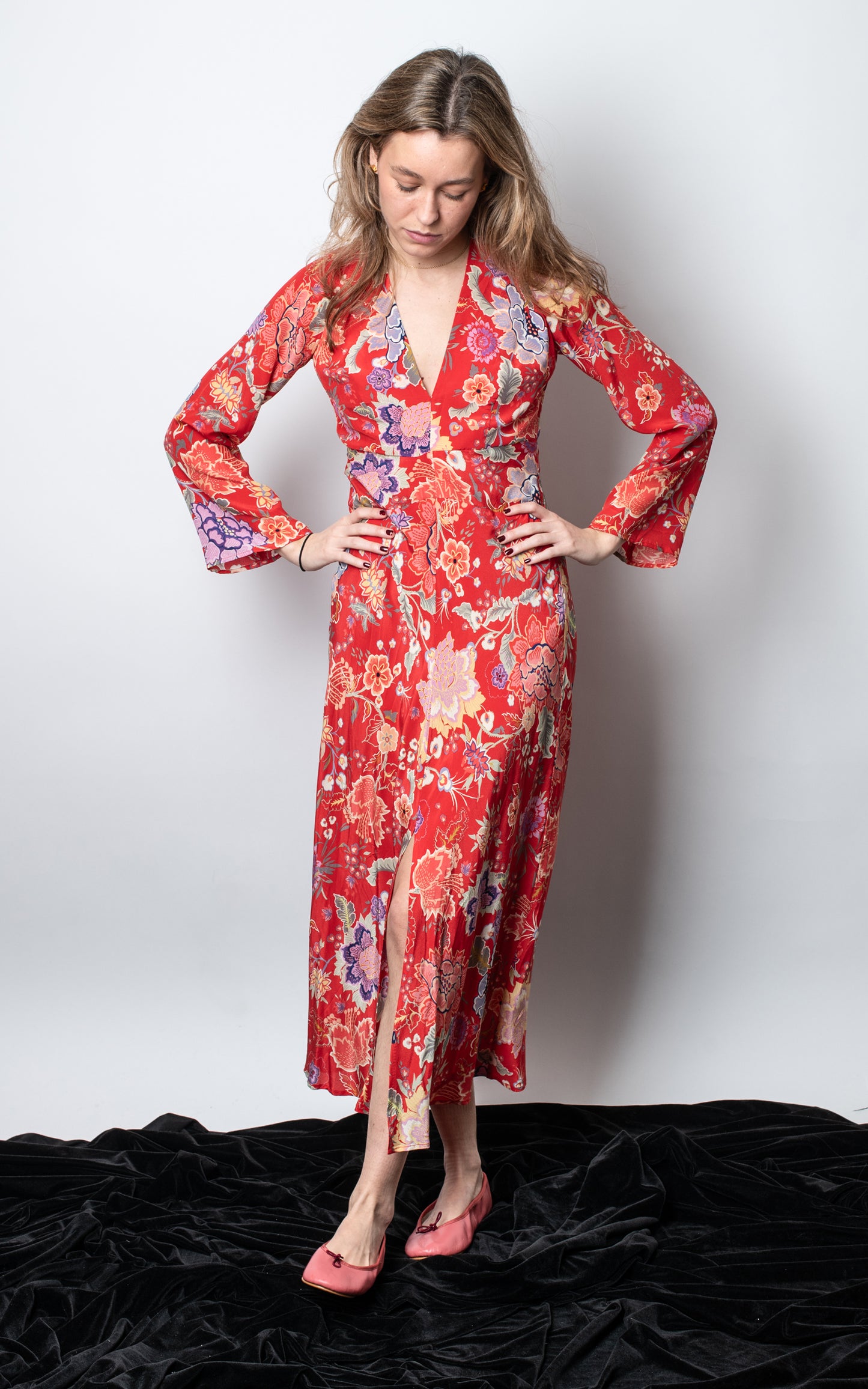 Vestido midi flores seda