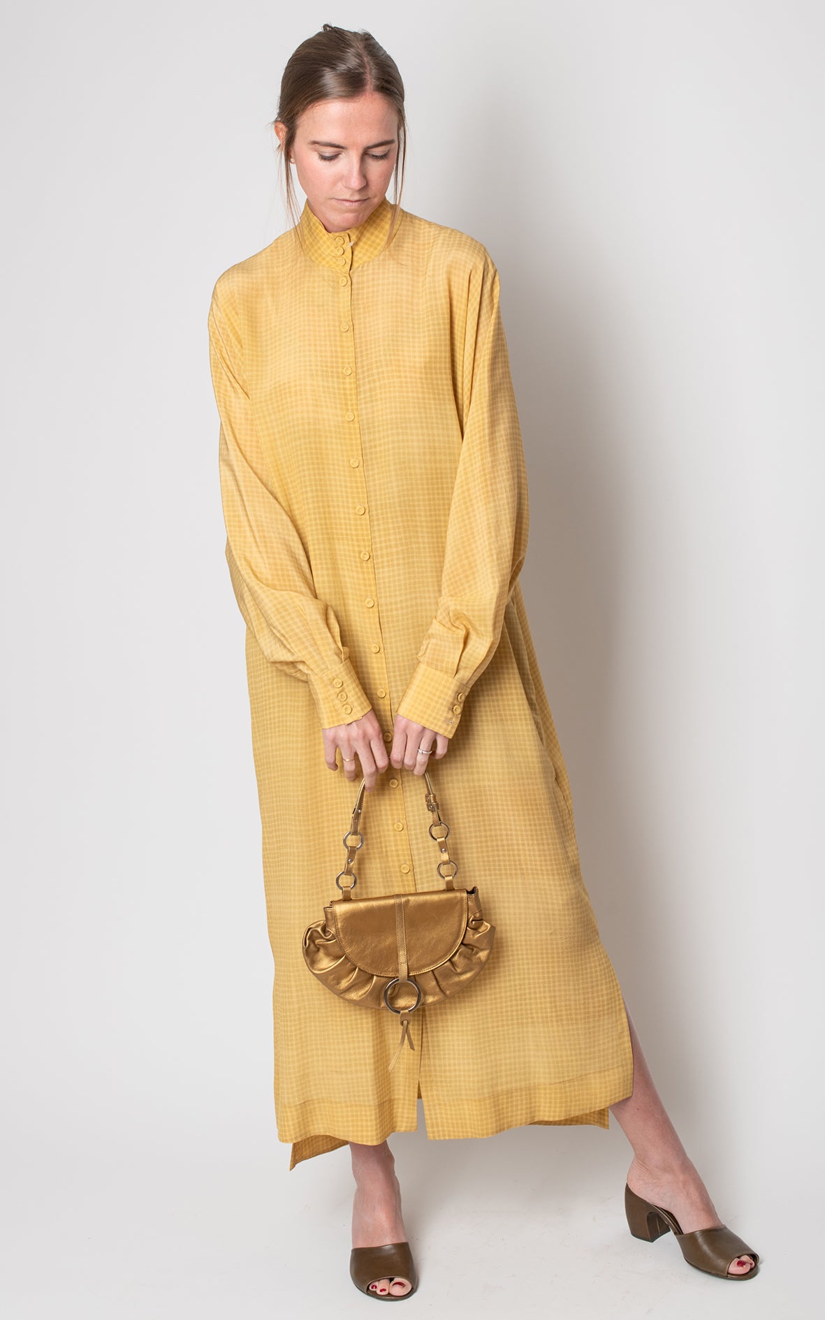 Vestido cuadros seda amarillo