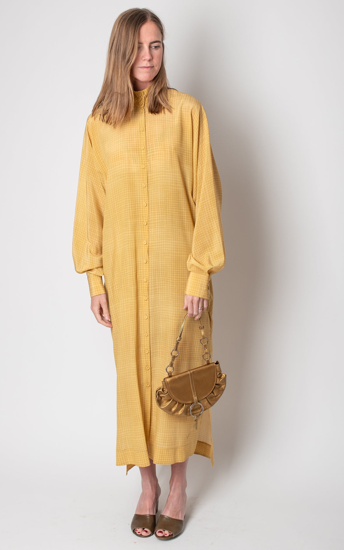 Vestido cuadros seda amarillo