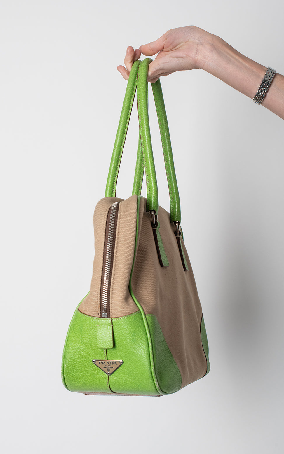 Bolso lona beige y verde