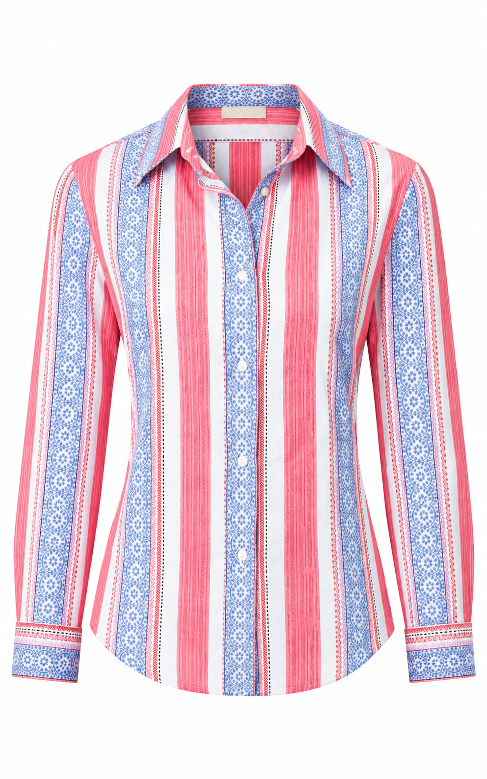 Camisa de rayas y amebas azul y coral