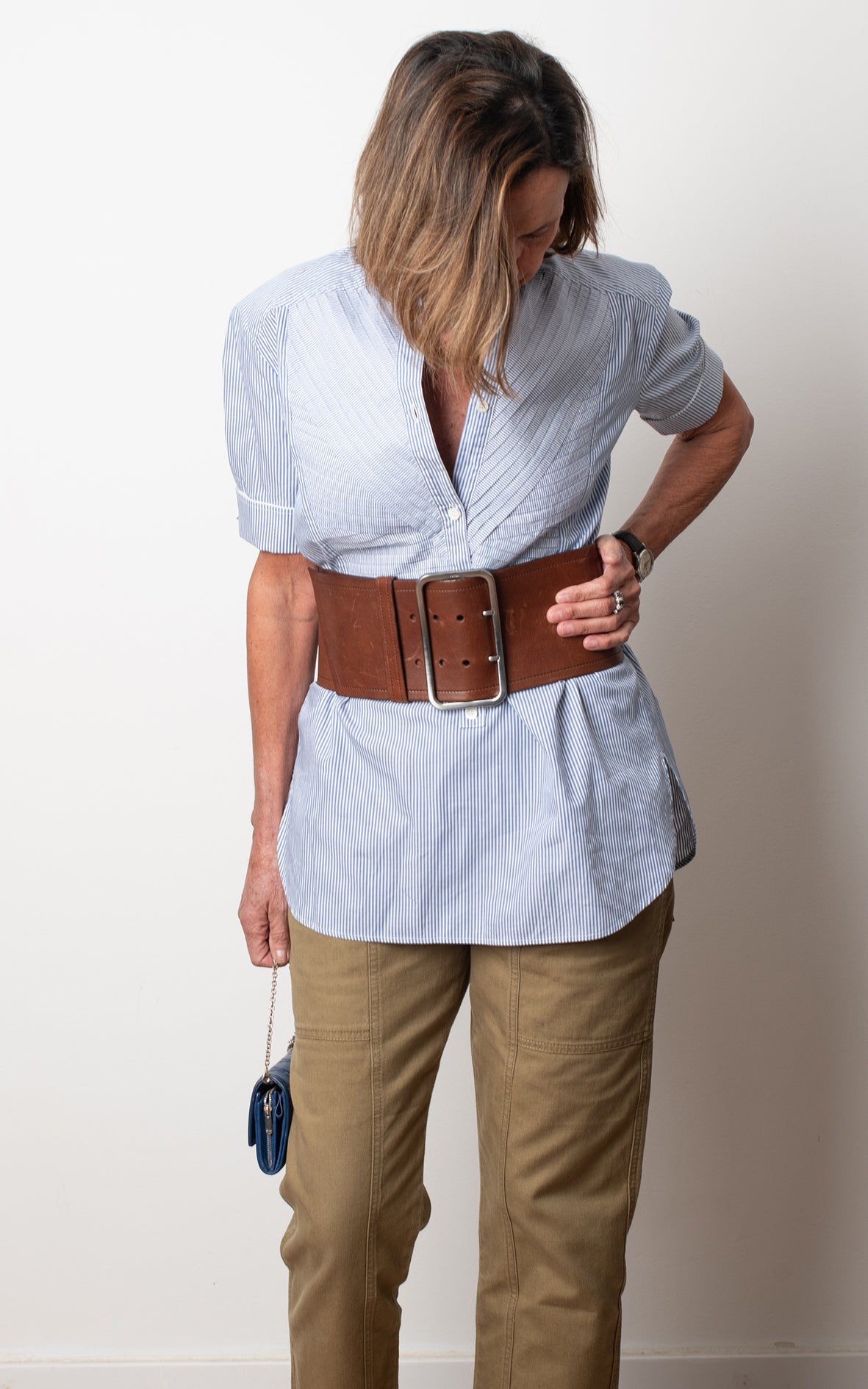 Camisa azul de rayas manga corta