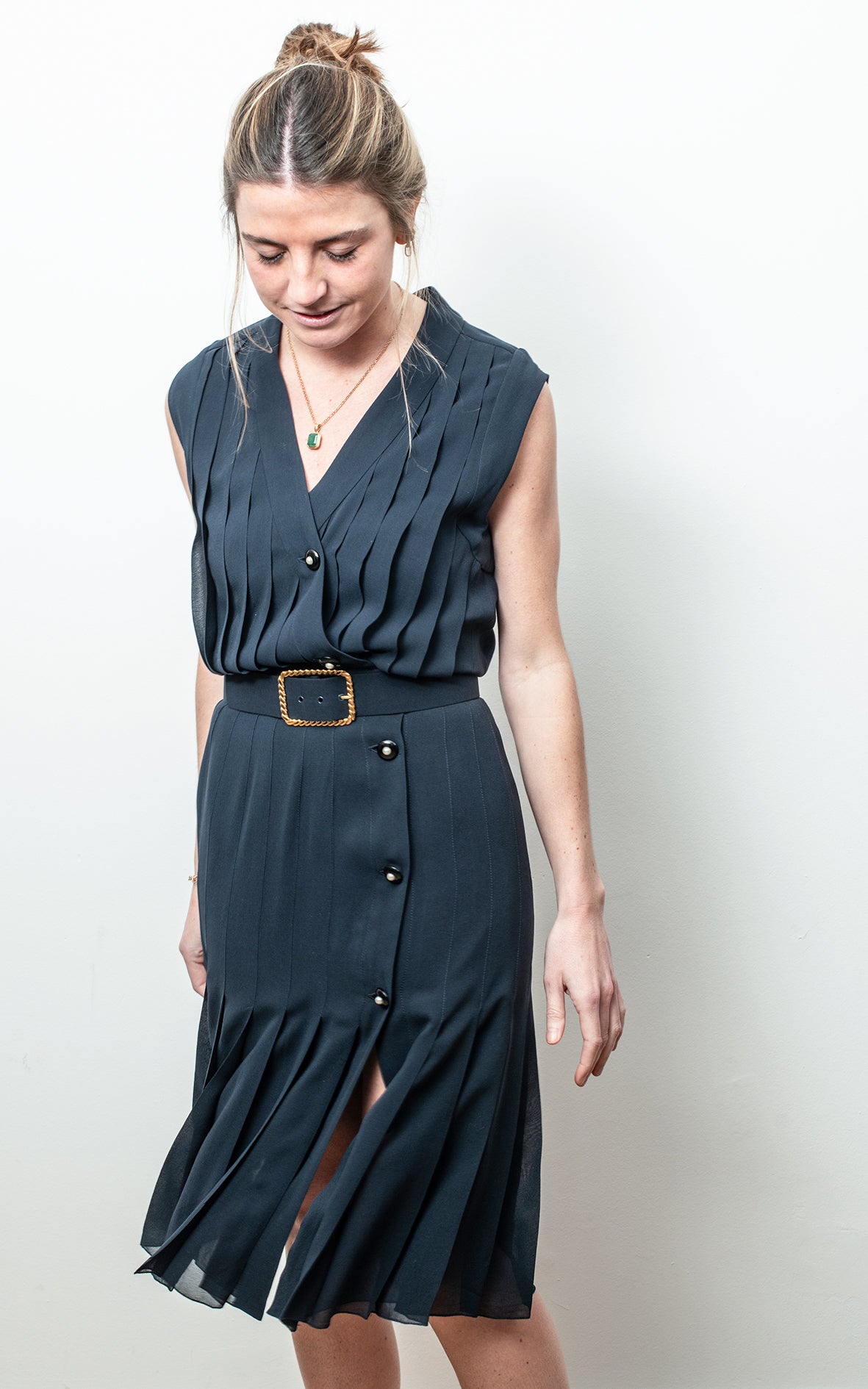 Vestido azul marino seda con cinturón