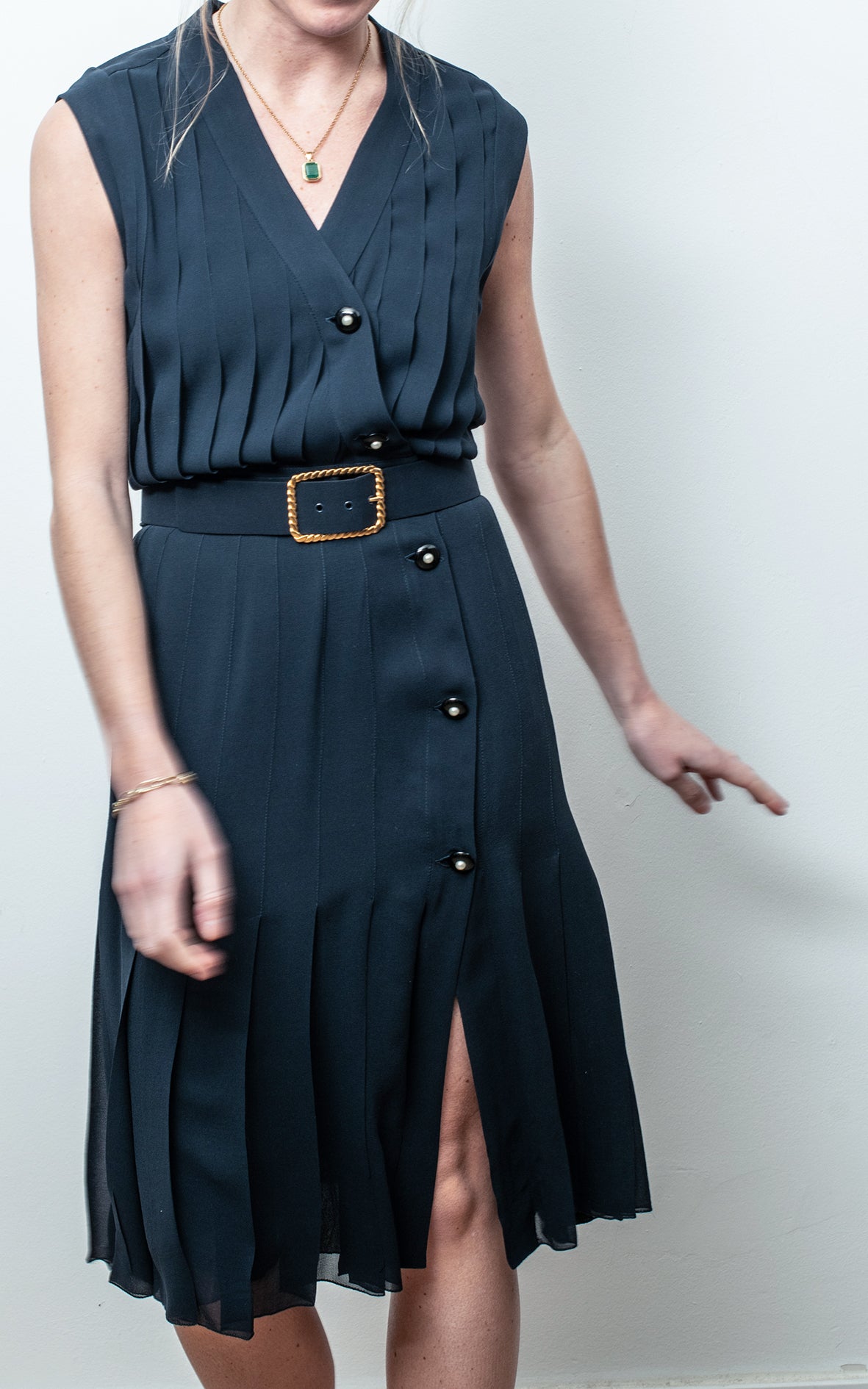 Vestido azul marino seda con cinturón