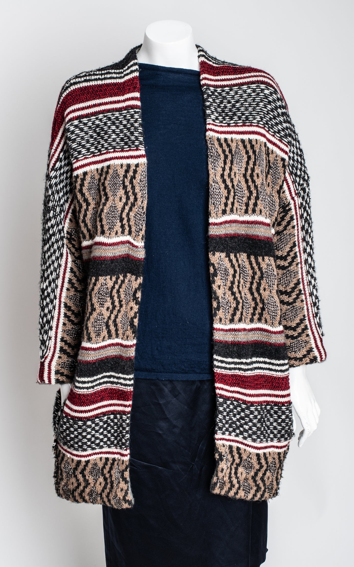Chaqueta de punto de maje gris blanca y roja