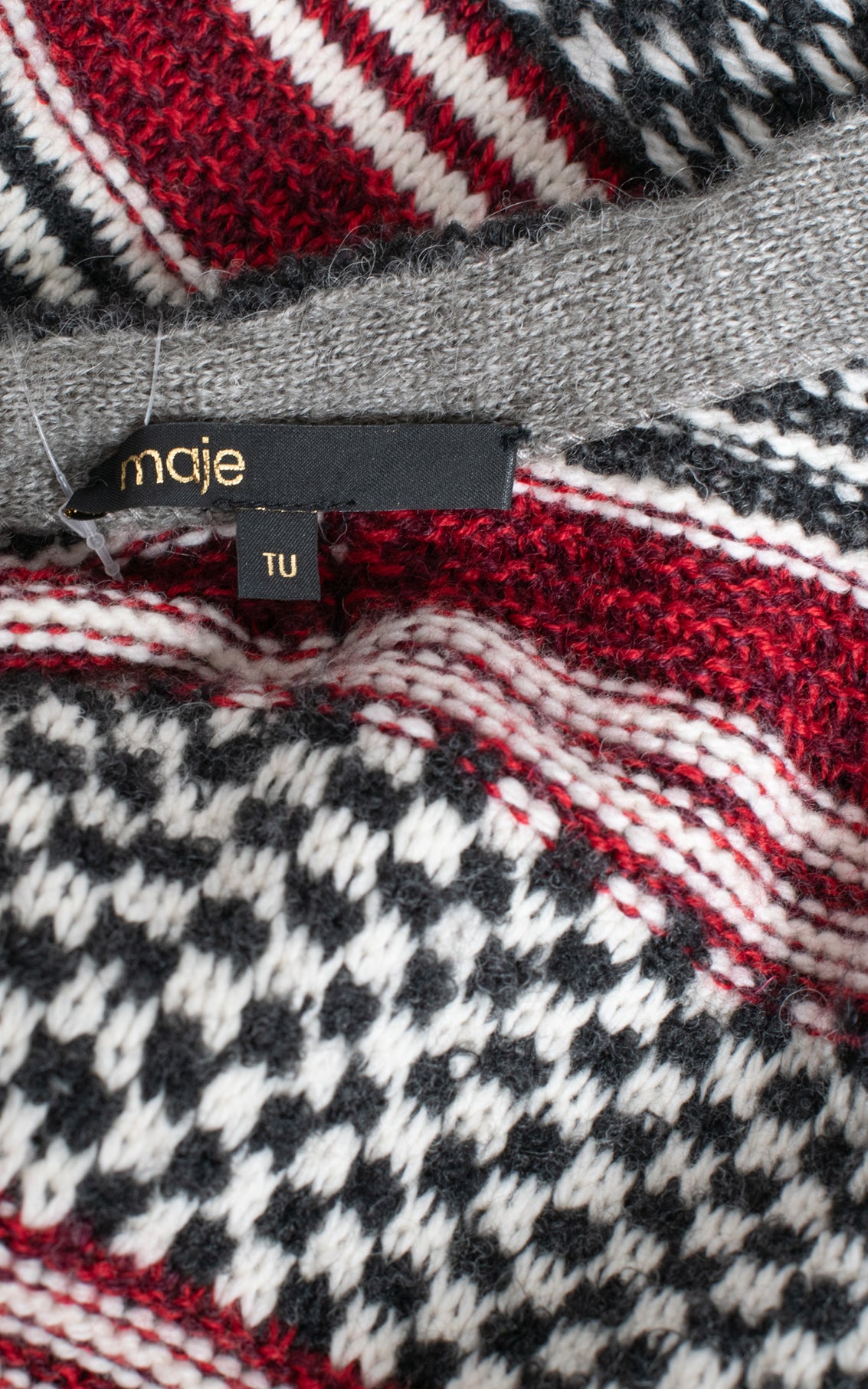 Chaqueta de punto de maje gris blanca y roja