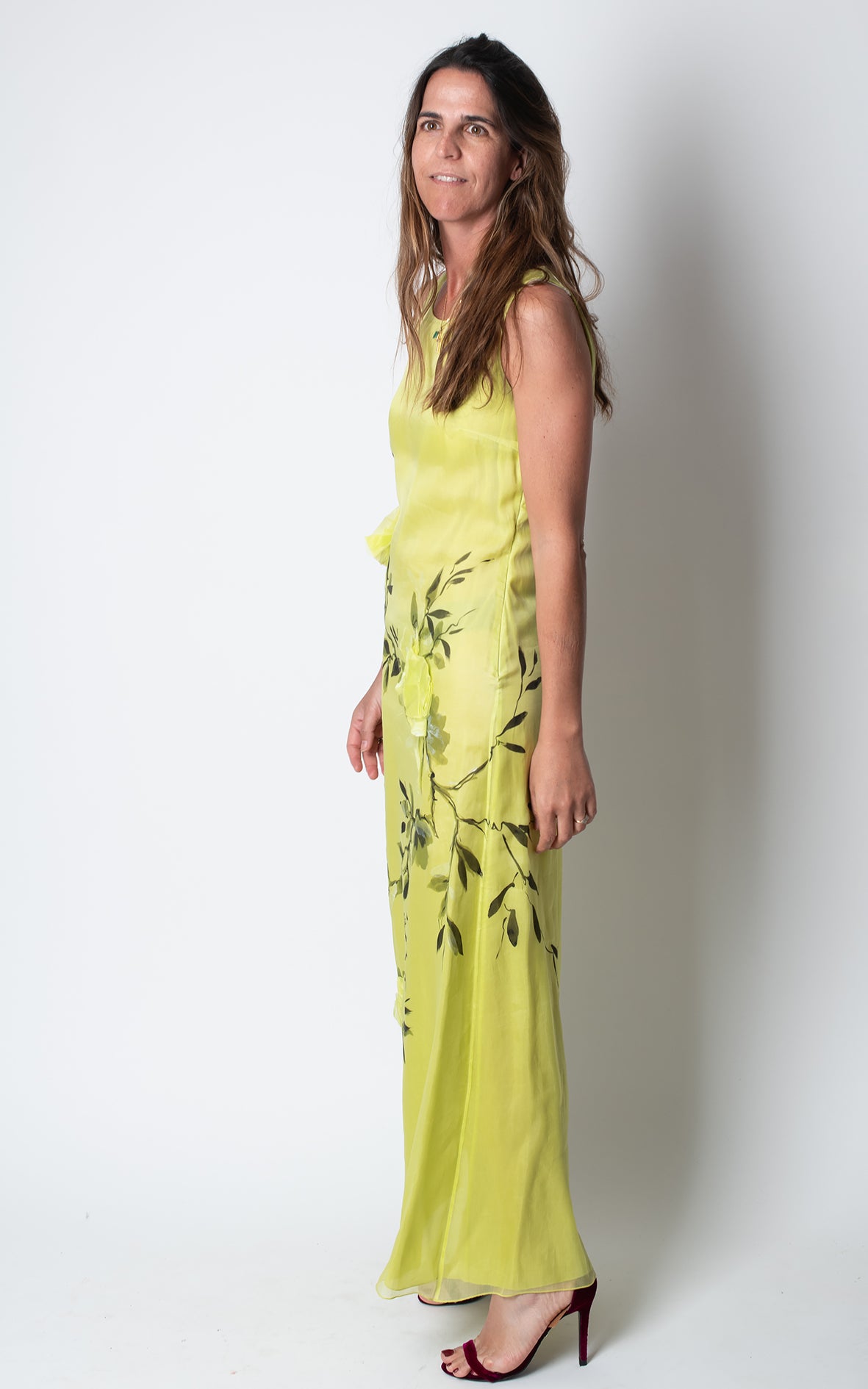Vestido verde flores sin mangas largo seda