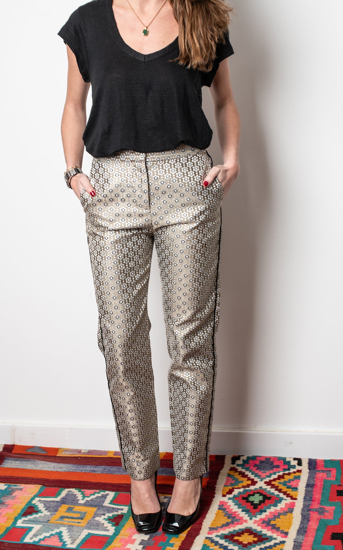 Pantalones flores metalizadas