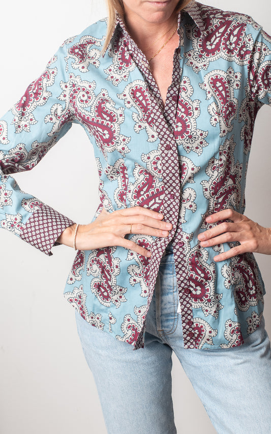 Camisa flores azul y burdeos